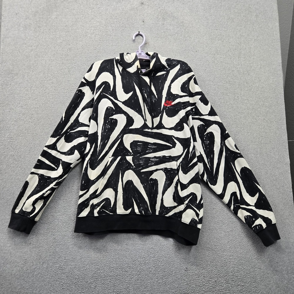 Nike Men Hoodie XL Black Sportswear Club Fleece Swoosh Logo Allover Print READ